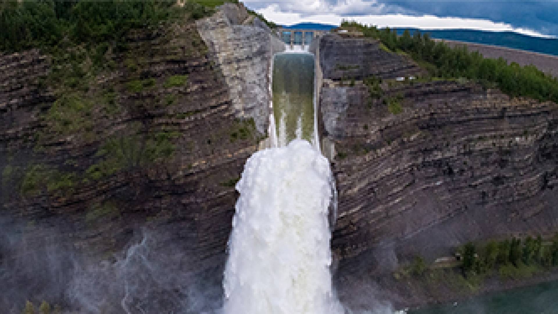 Front view of the spillway at W.A.C. Bennett Dam.