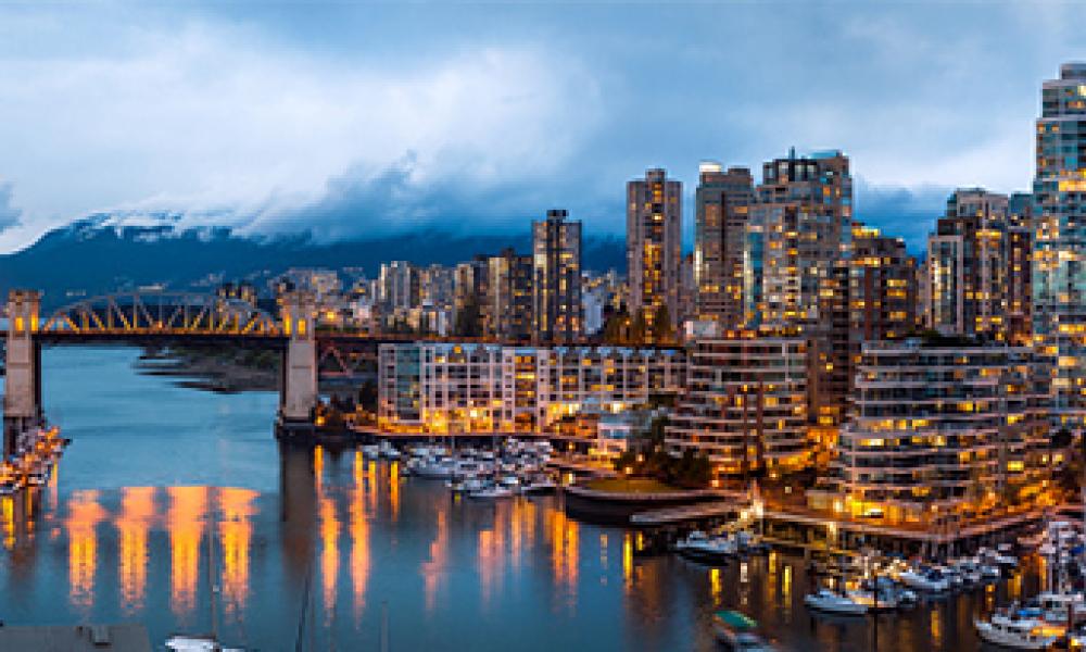 View of Burrard Bridge in the heart of downtown Vancouver.