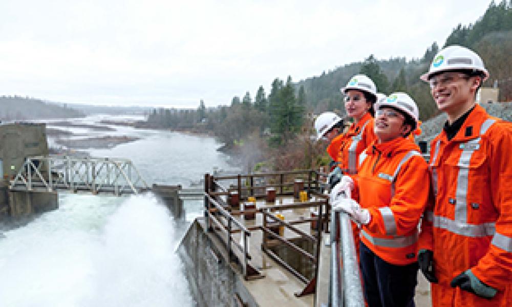 BC Hydro employees looking over the Ruskin Dam.