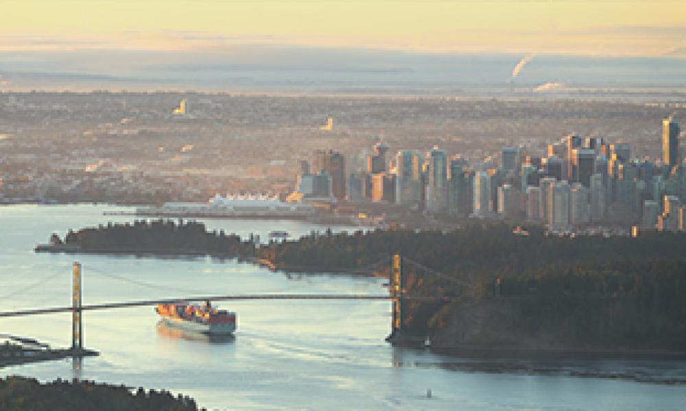 High angle view of downtown Vancouver during sunrise.