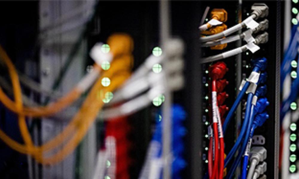 Closeup photo of the interior of a server room.