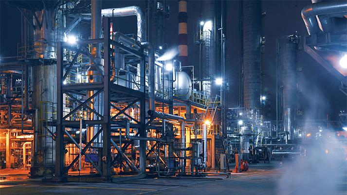A chemical and petrochemical plant in the evening.