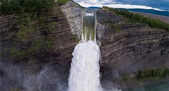 Front view of the spillway at W.A.C. Bennett Dam.